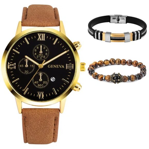BOGO GIFT READY 3pcs set Men's Casual GENEVA Worlds Watch And Classic Bracelets - Picture 2 of 2